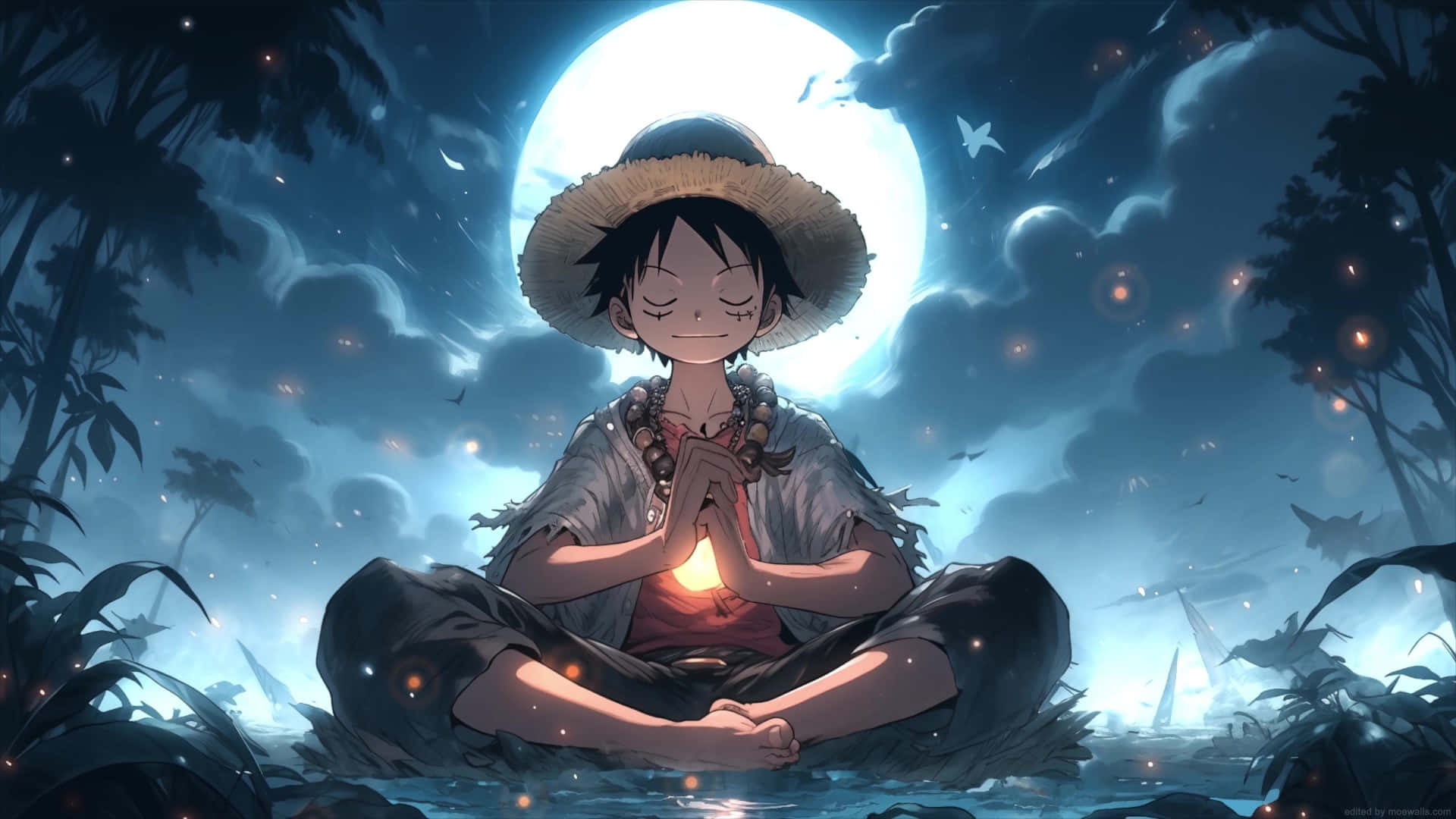 Luffy Meditation Under Moonlight Wallpaper