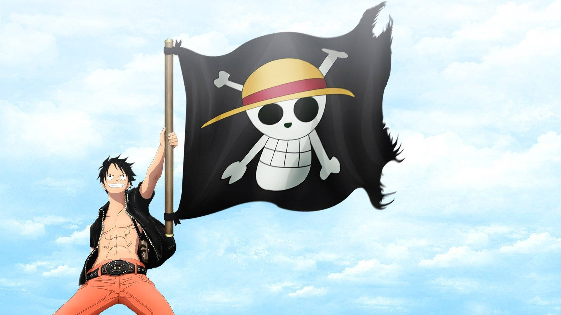 Luffy PFP Waving Straw Hat Pirate Flag Wallpaper