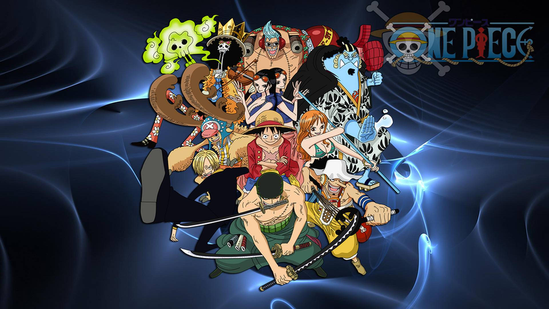 One Piece wallpaper of Luffy and Straw Hat pirates in neon light effects.