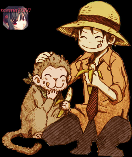 Luffyand Monkey Sharing Banana PNG