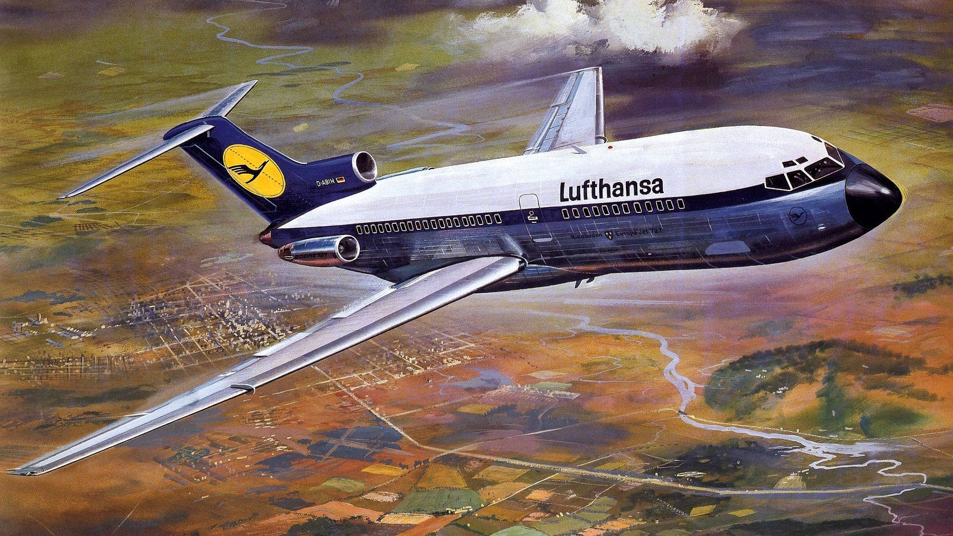 Lufthansa Plane Above A Scenic Autumn View Wallpaper