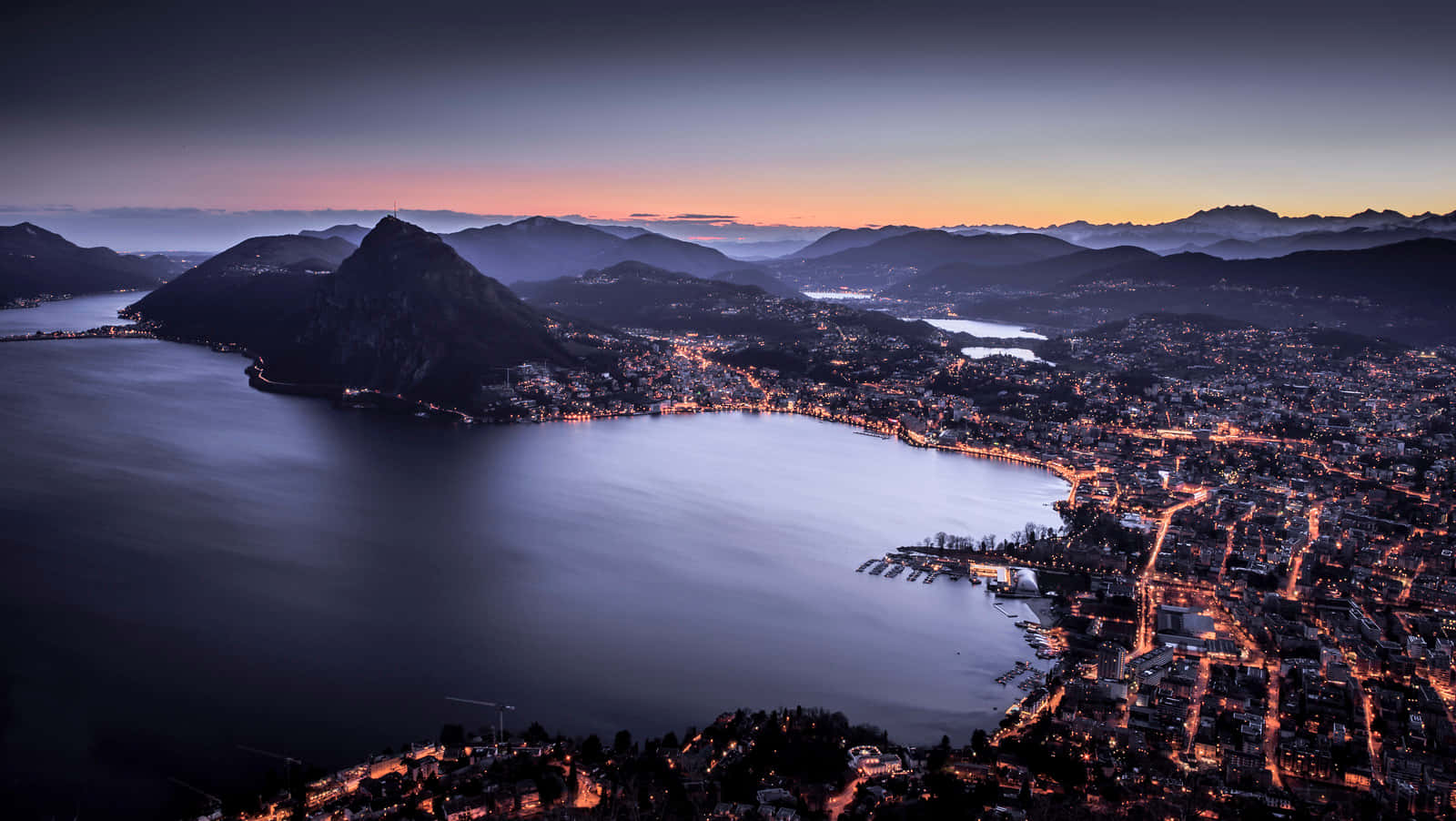 Lugano Lake Twilight Panorama Wallpaper