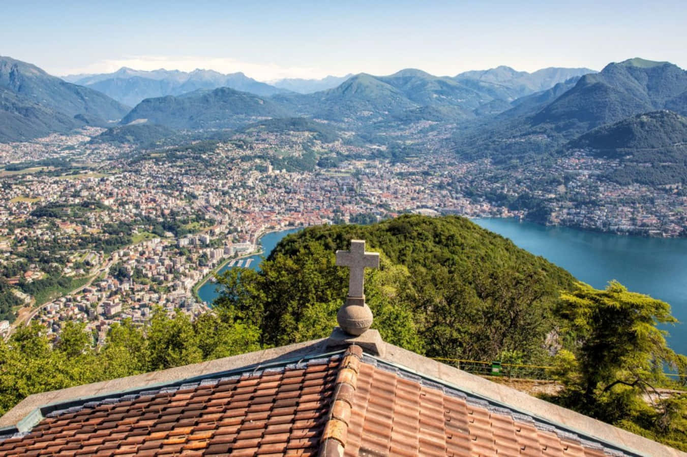 Lugano Panoramisch Uitzicht Met Kruis Achtergrond