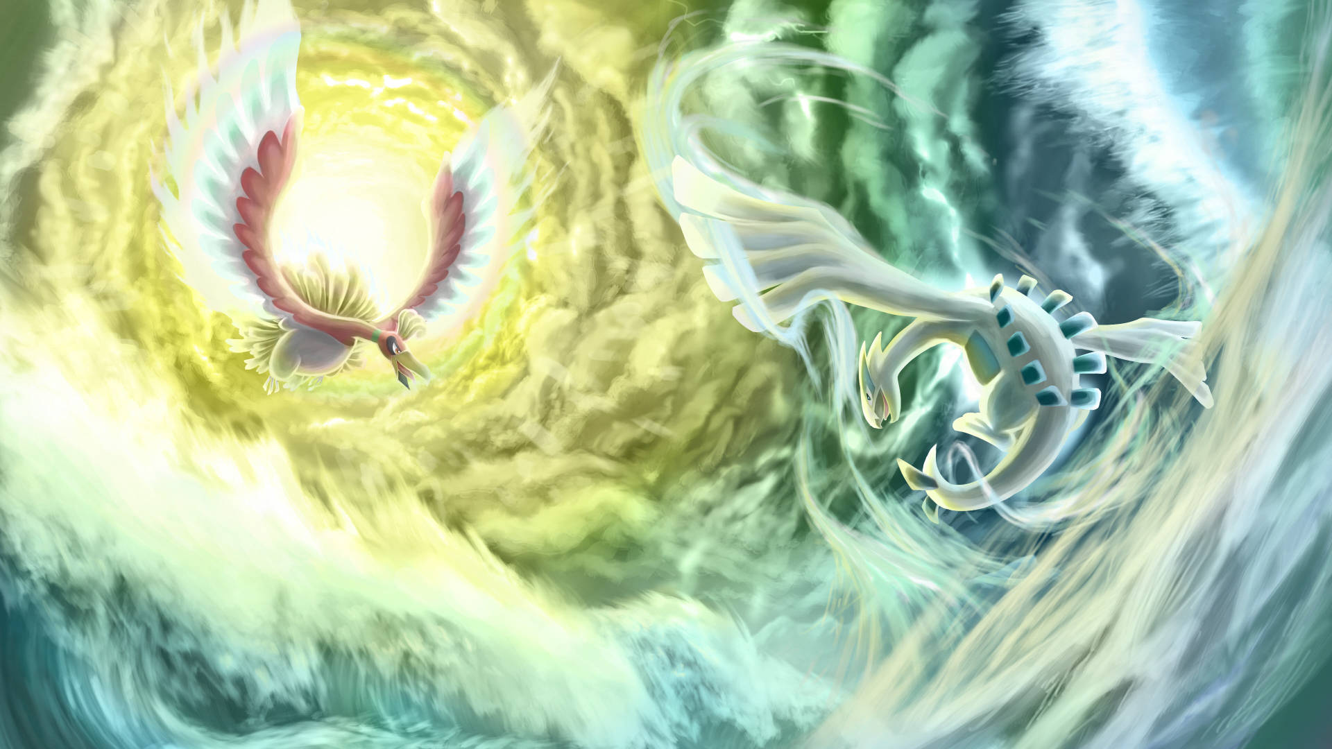 Lugia and Ho-Oh Locked in Epic Battle Wallpaper