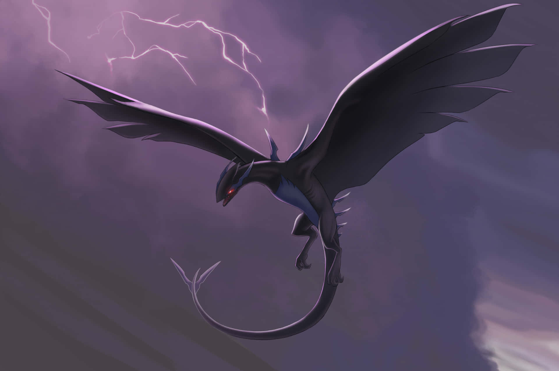 A Black Dragon Flying In The Sky With Lightning