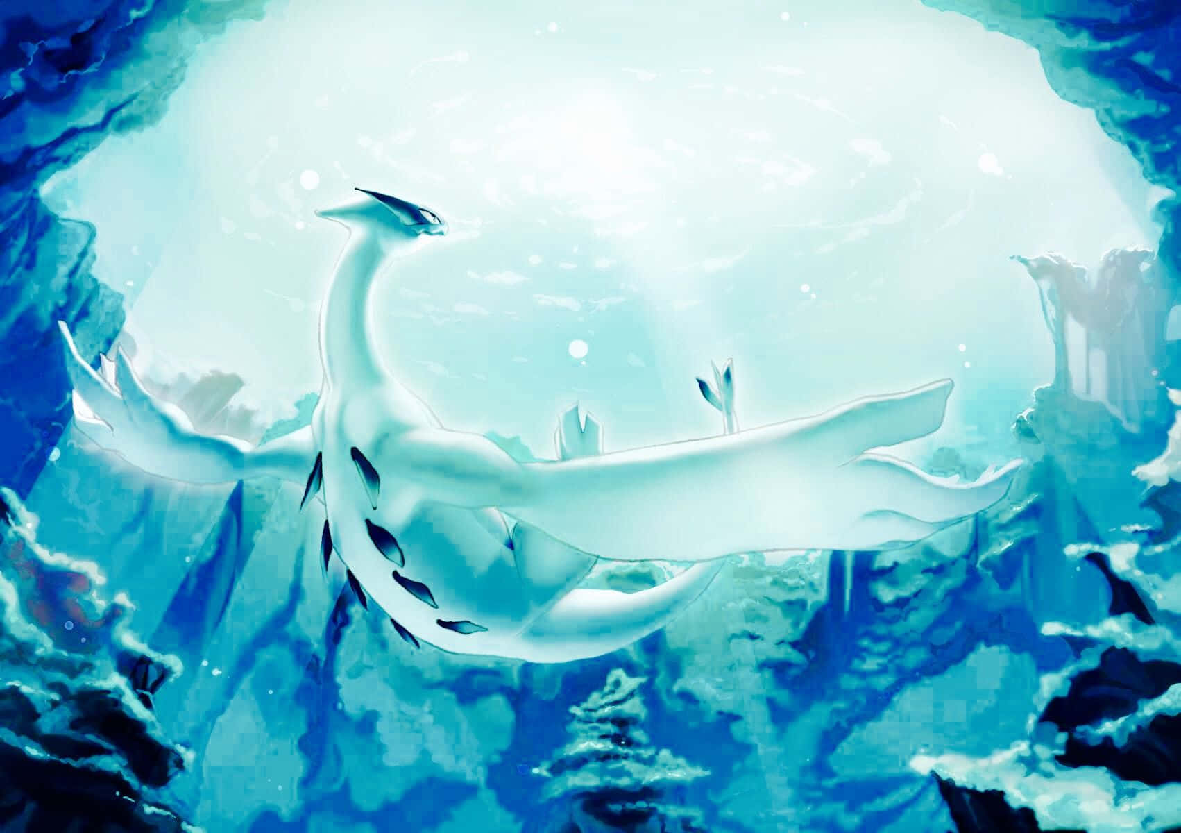 Lugia soars over the clouds in this majestic wallpaper.