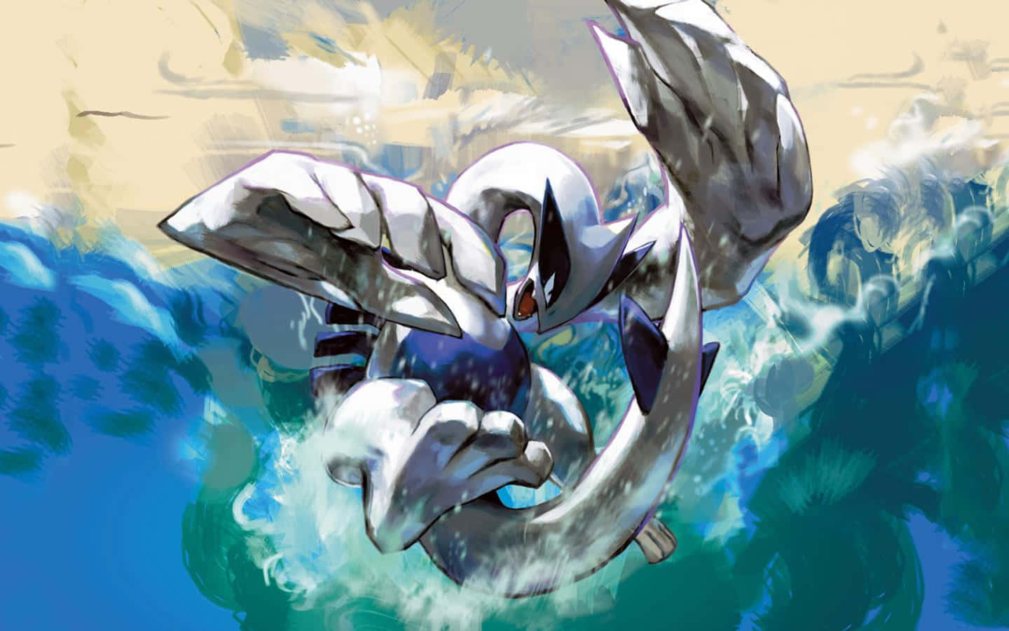 A majestic Lugia soars above the clouds.
