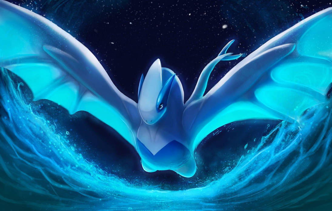The majestic Lugia soaring majestically over the great blue ocean. Wallpaper