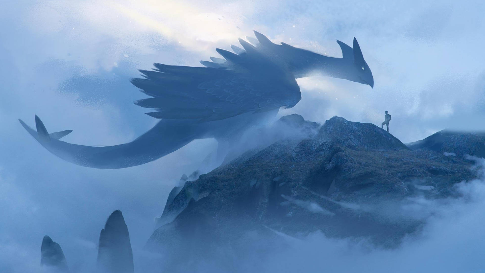 A majestic Lugia soars high above a mountainous landscape. Wallpaper