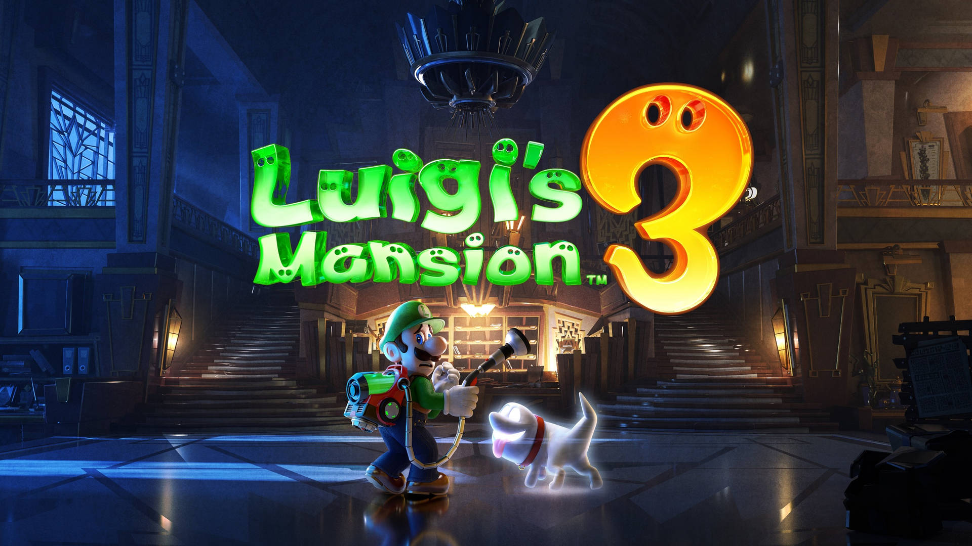 Luigi's Mansion 3 Luigi And Polterpup With Logo Wallpaper