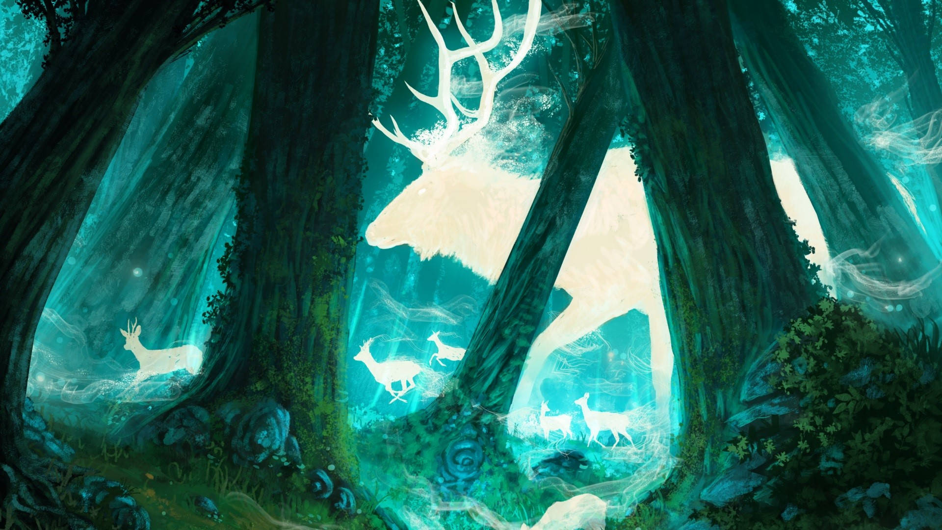 Lysende Jungle Deer Fantasy Wallpaper