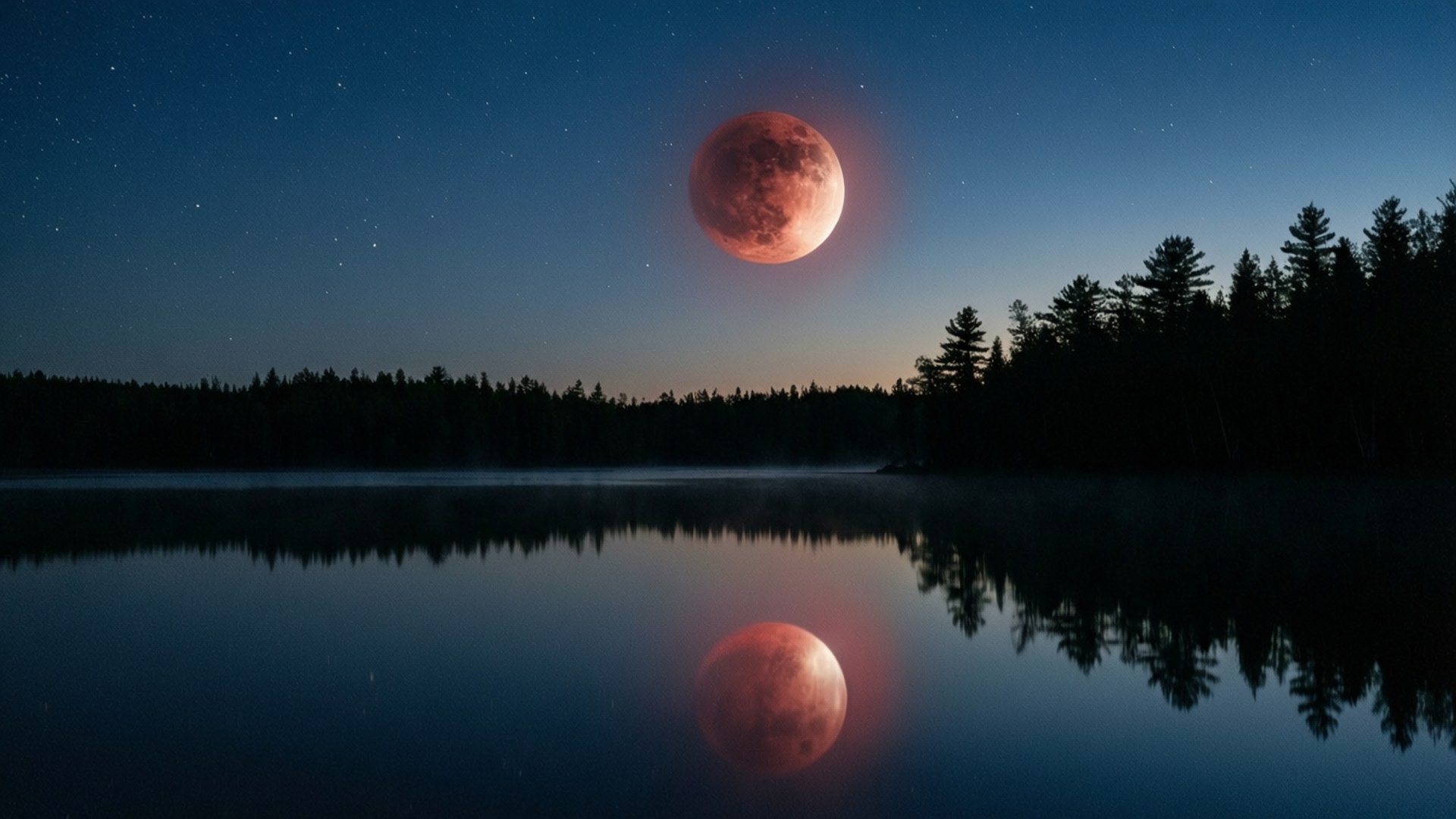 Måneformørkelse Søspejling Wallpapers — En blodmåne lyser rødt over en tåget sø, der reflekterer dens uhyggelige lys mod en stjerneskinnende tusmørkehimmel.
