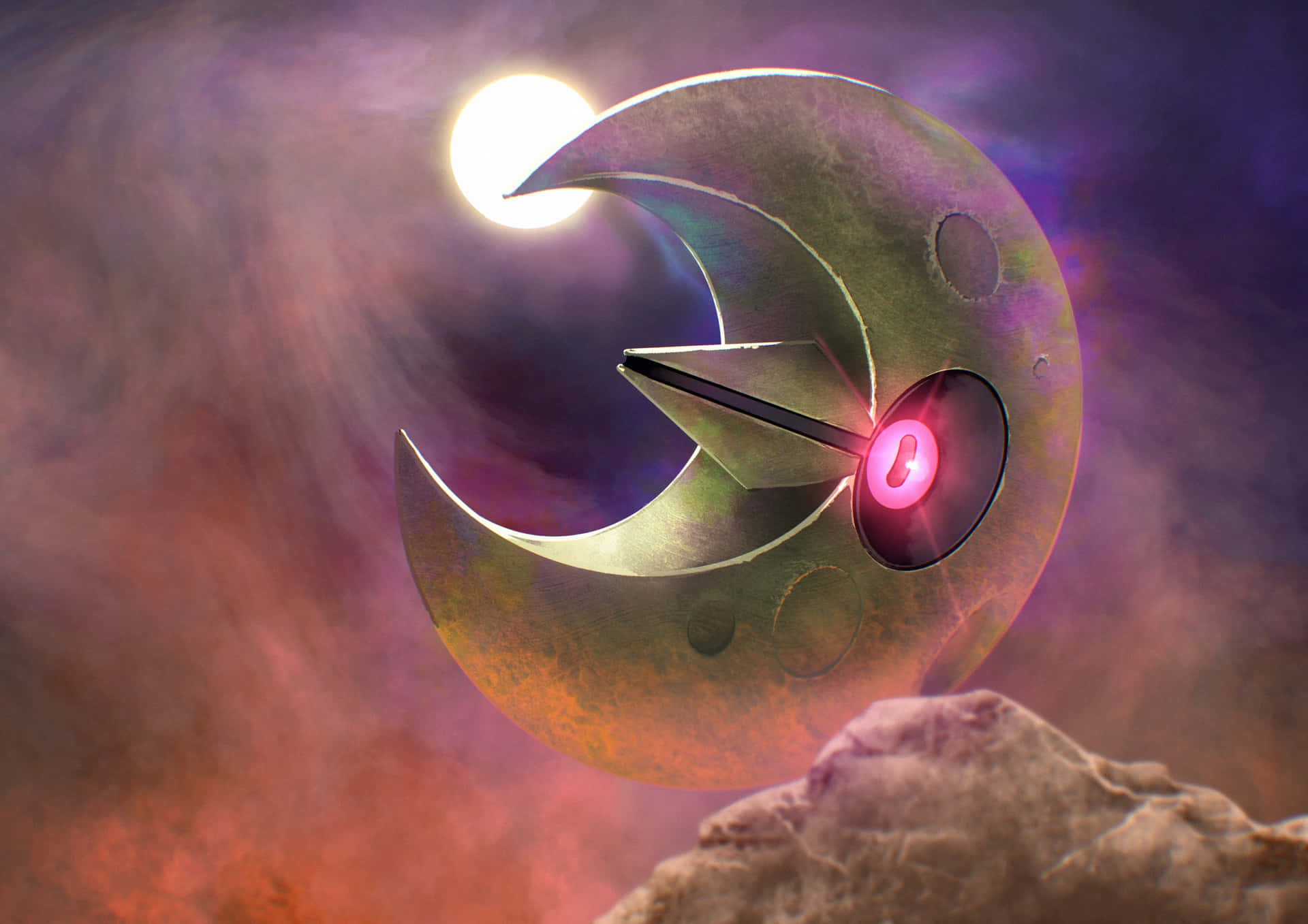 Lunatone With Glowing Eyes And Clouds Wallpaper