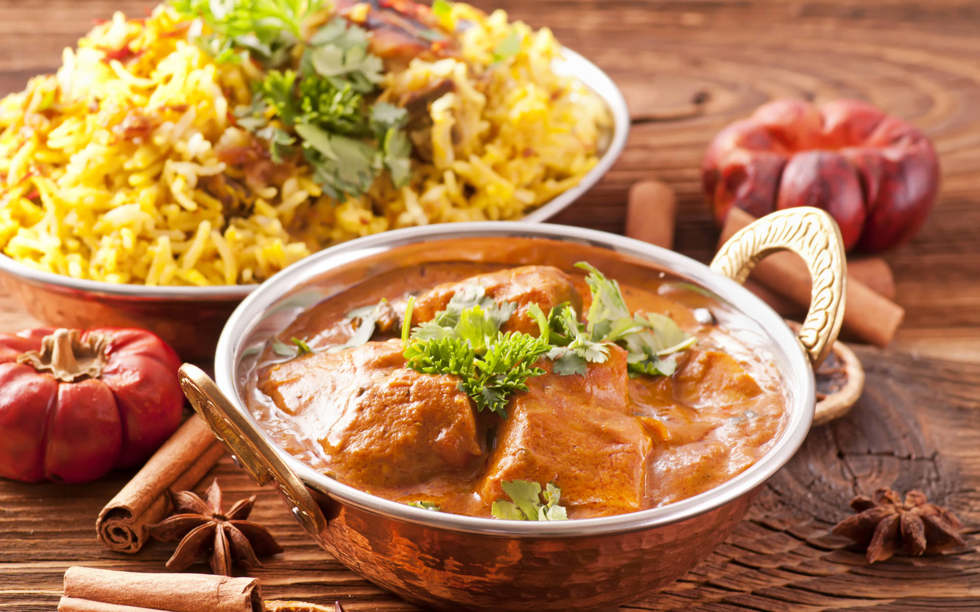 Lunch With Butter Chicken And Biryani Rice Wallpaper