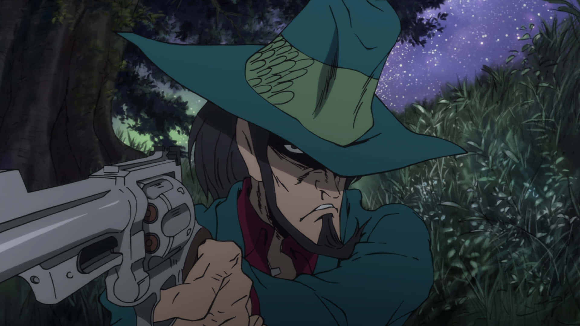 Daisuke Jigen strikes a pose with his signature hat and gun in anime series Lupin III. Wallpaper