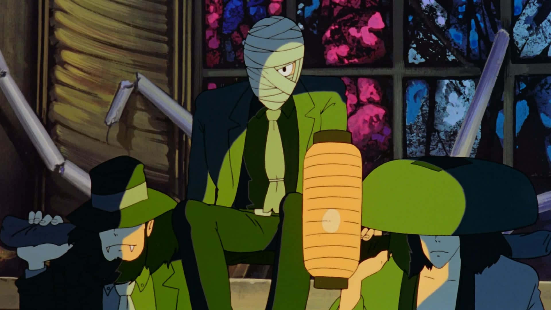 Lupin III and his crew in an action-packed scene from The Castle of Cagliostro Wallpaper