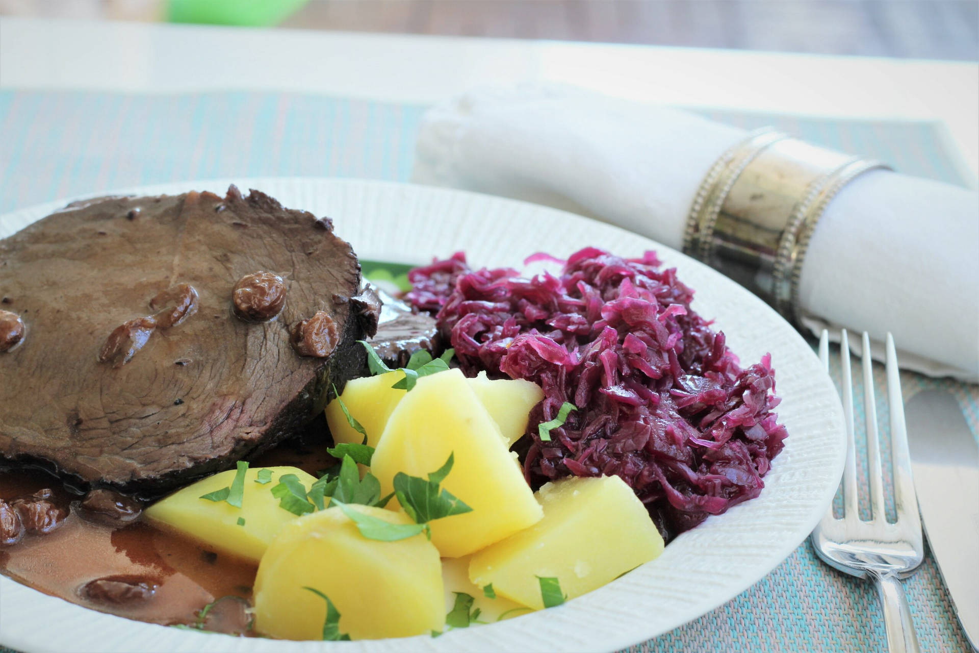 Luscious Sauerbraten Traditional German Dish Cabbage And Potatoes Wallpaper