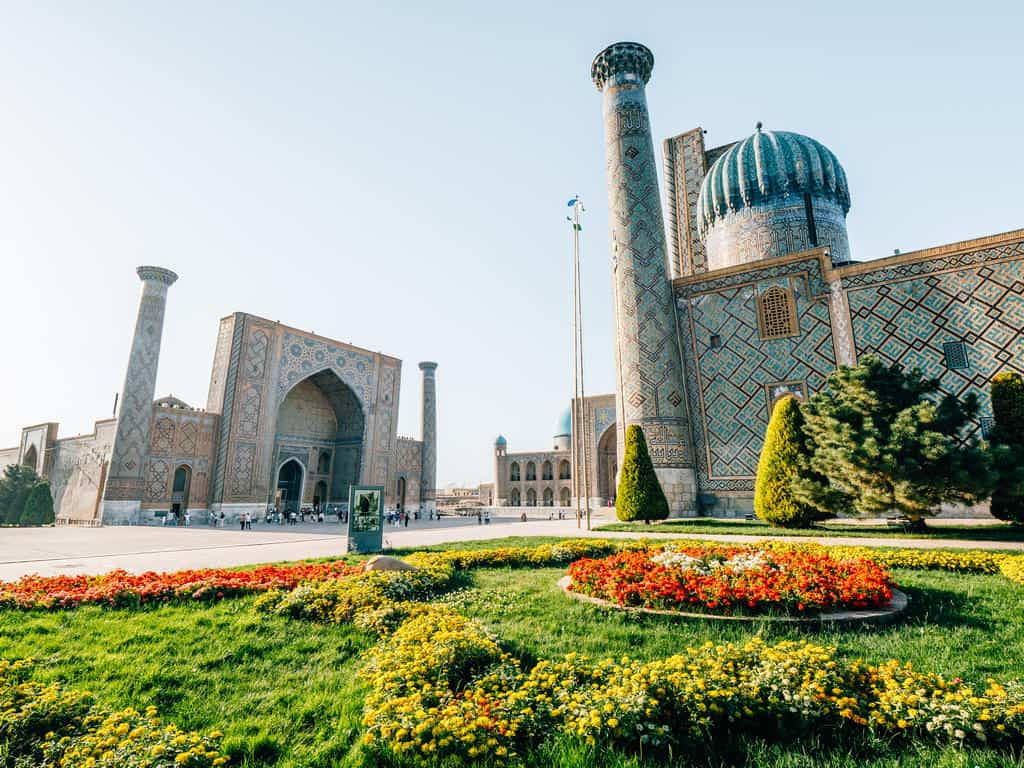 Lush Garden Registan Square Samarkand Wallpaper