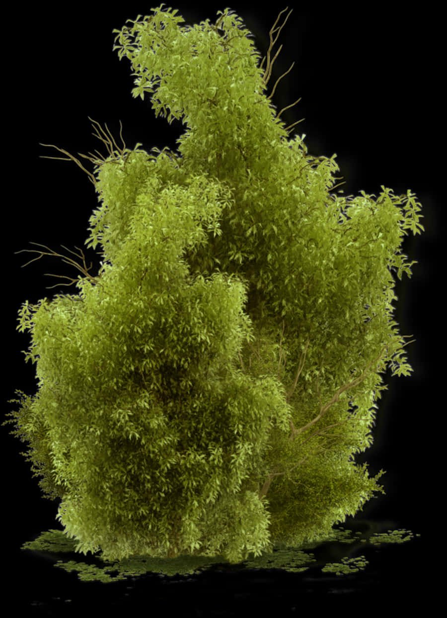 Lush Green Mossy Tree Black Background PNG