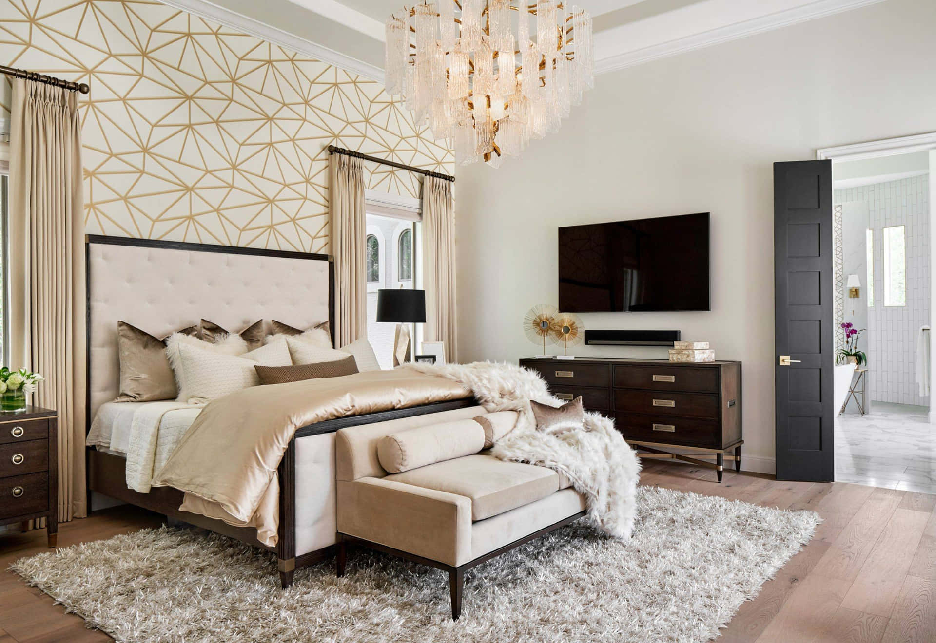Luxurious Bed Grand Chandeliers Background