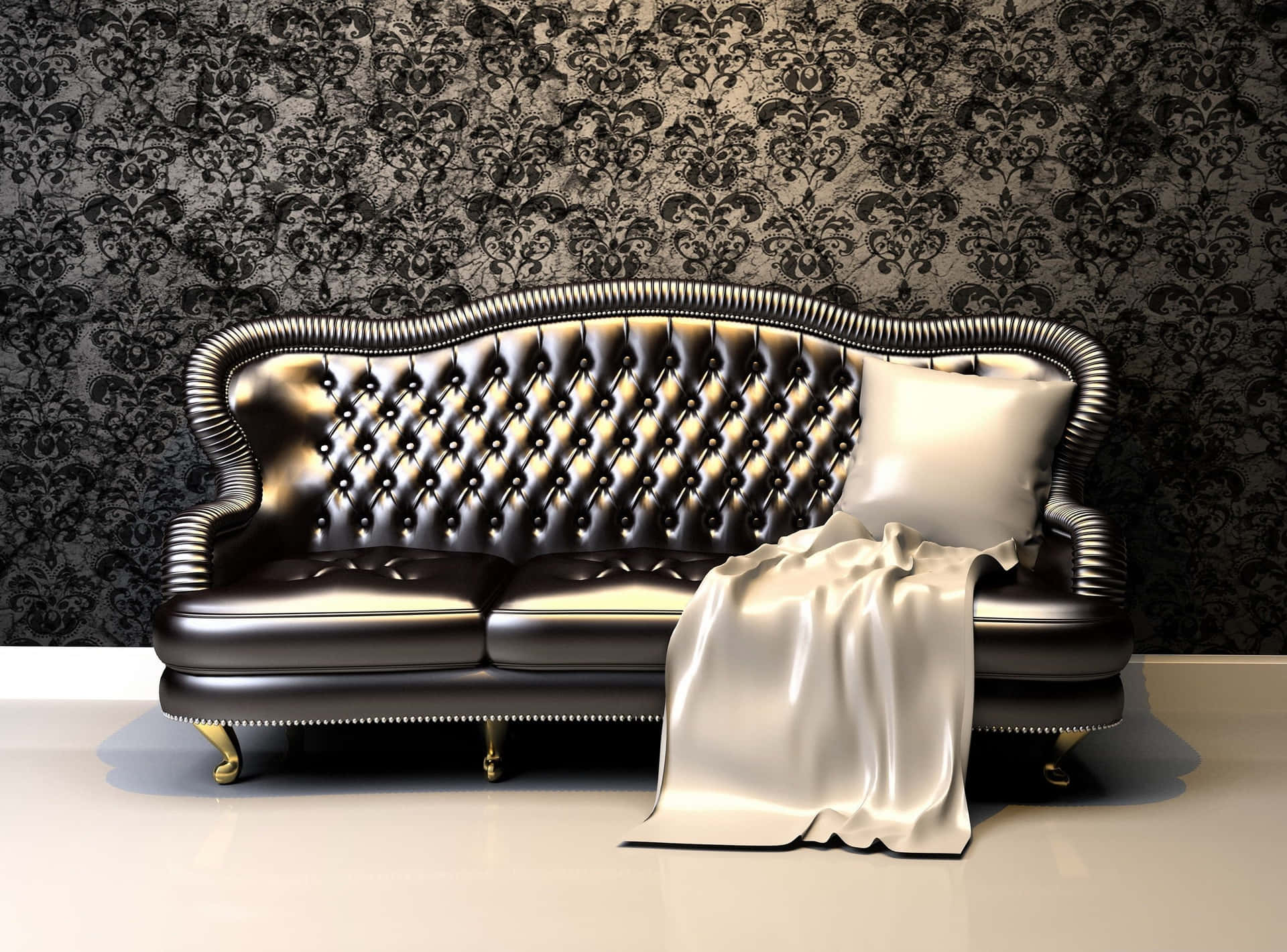 Luxurious Black Couch With Intricate Pattern Wallpaper