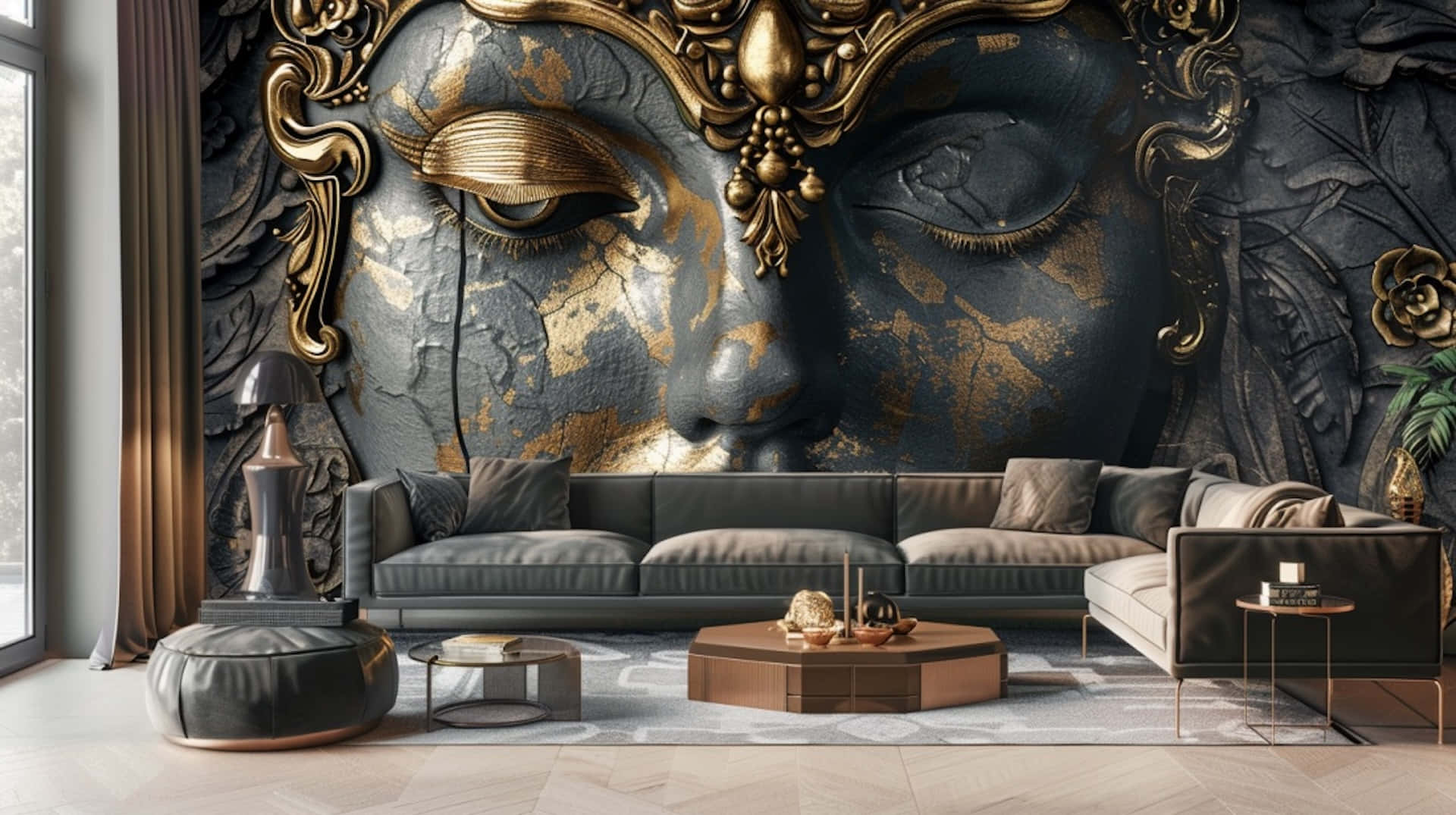 Luxurious Living Roomwith Artistic Mural Wall Wallpaper