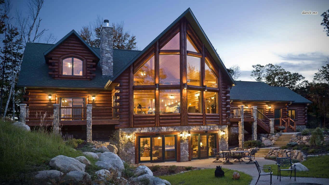 Cabane En Bois Luxueuse Vue Au Crépuscule Fond d'écran