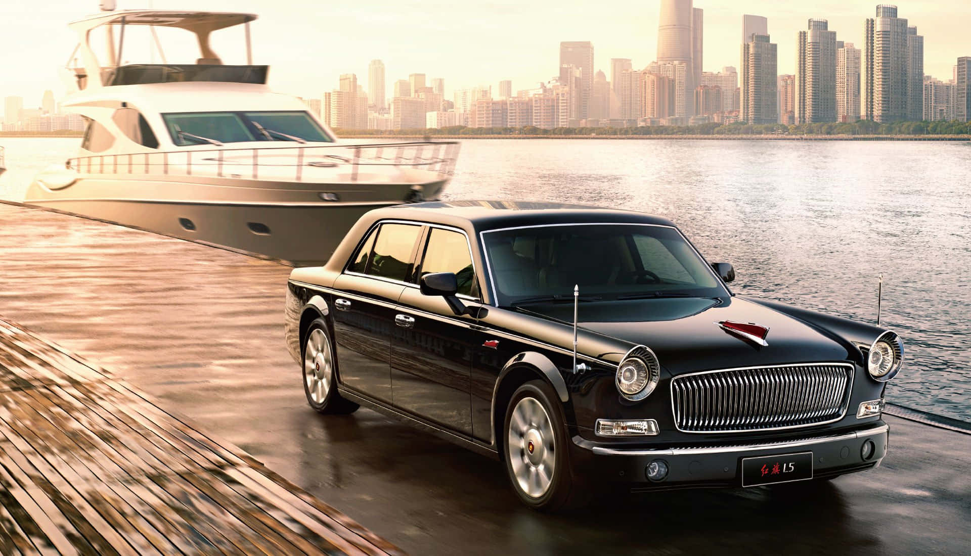 Luxurious Red Hongqi L5 Chinese Limousine In Action Wallpaper