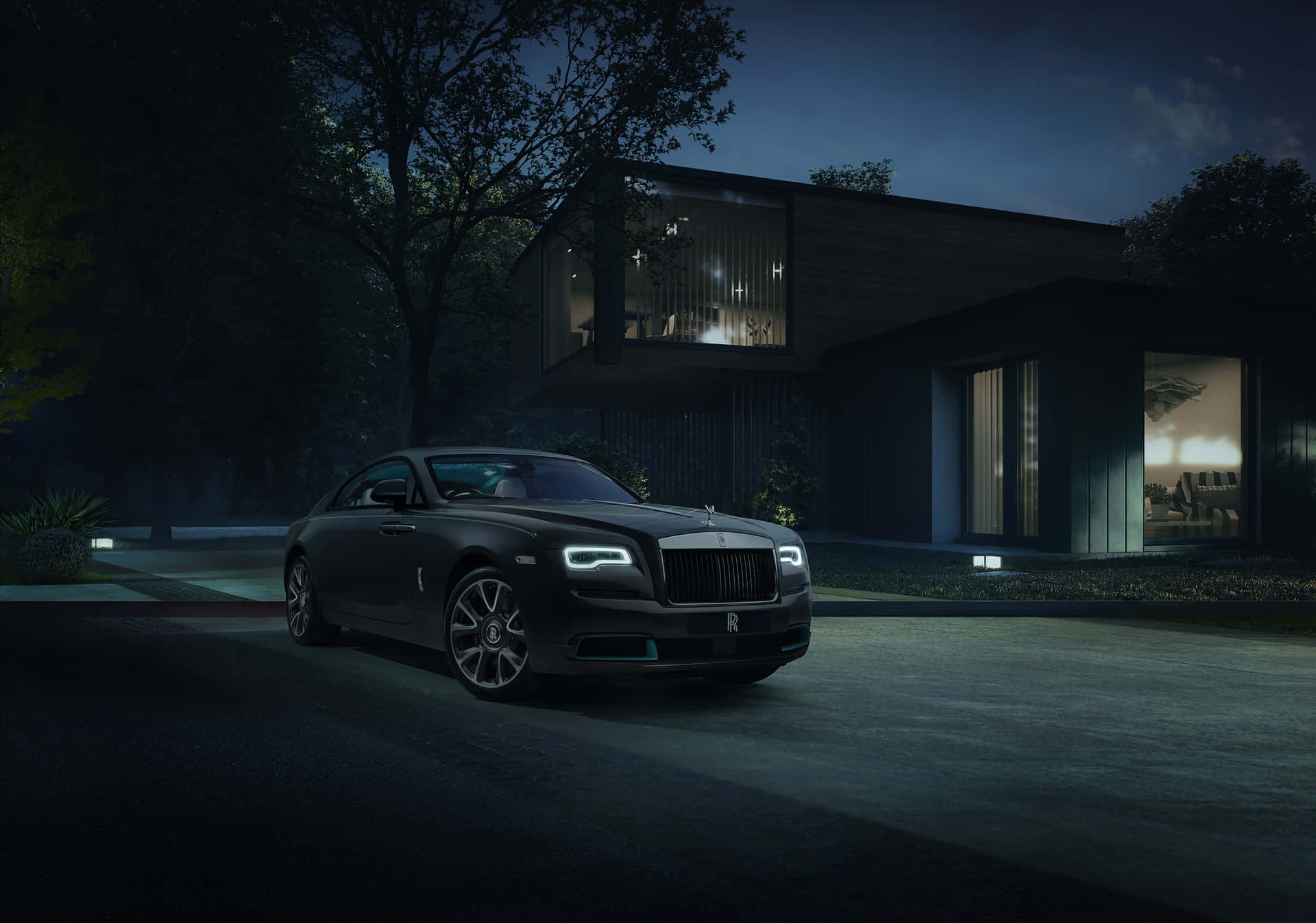Luxury Black Car Outside Modern Home Nighttime.jpg Wallpaper