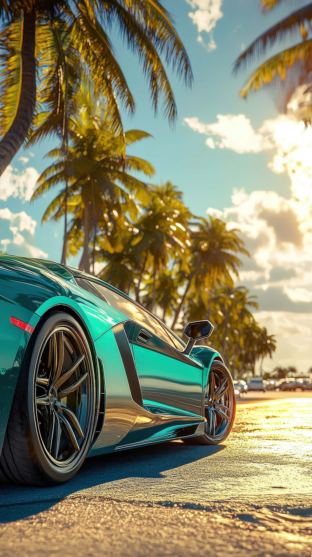 Luxury Sports Car Reflecting Palm Trees In Tropical Beach Sunlight Wallpaper
