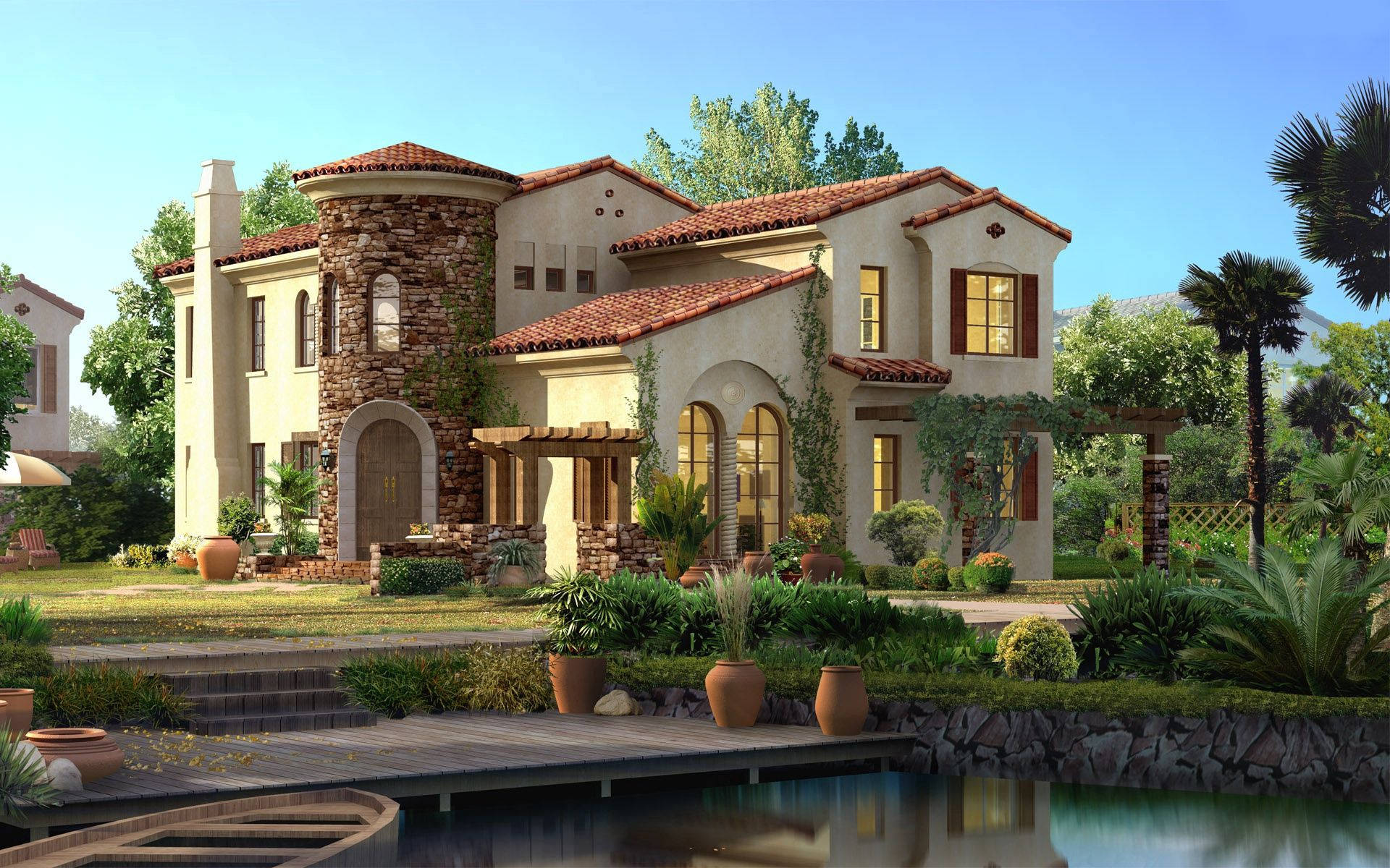 Luxury stone house with beautiful lakeside garden wallpaper.