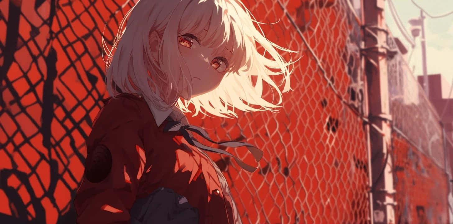 Lycoris Recoil Character Beside Chainlink Fence Wallpaper