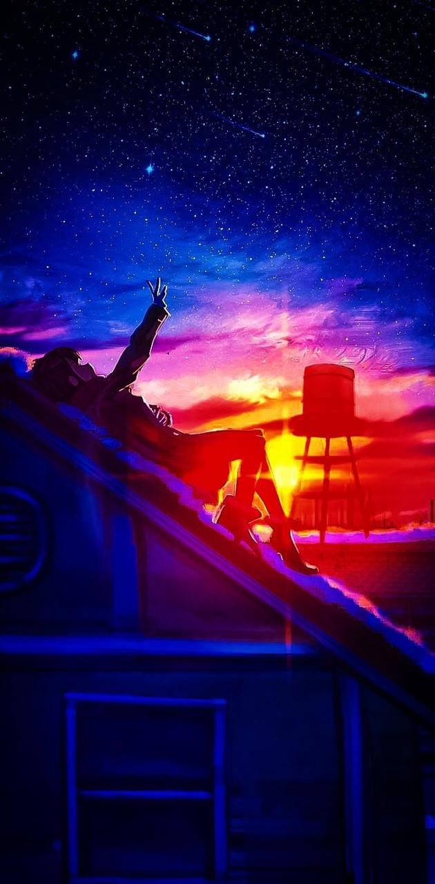 Lige på taget anime æstetisk solnedgang baggrund Wallpaper