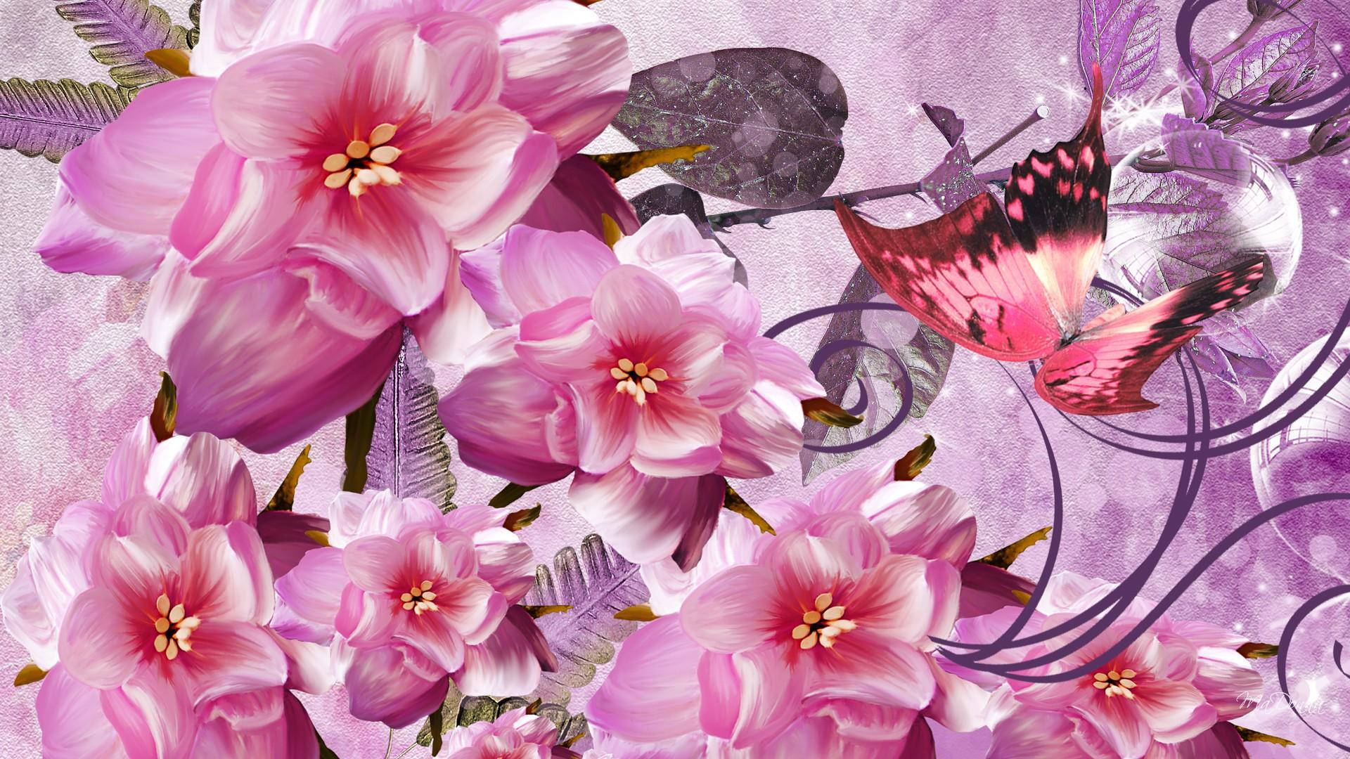 Lyserød Sommerfugl På Kirsebærblomst Wallpaper