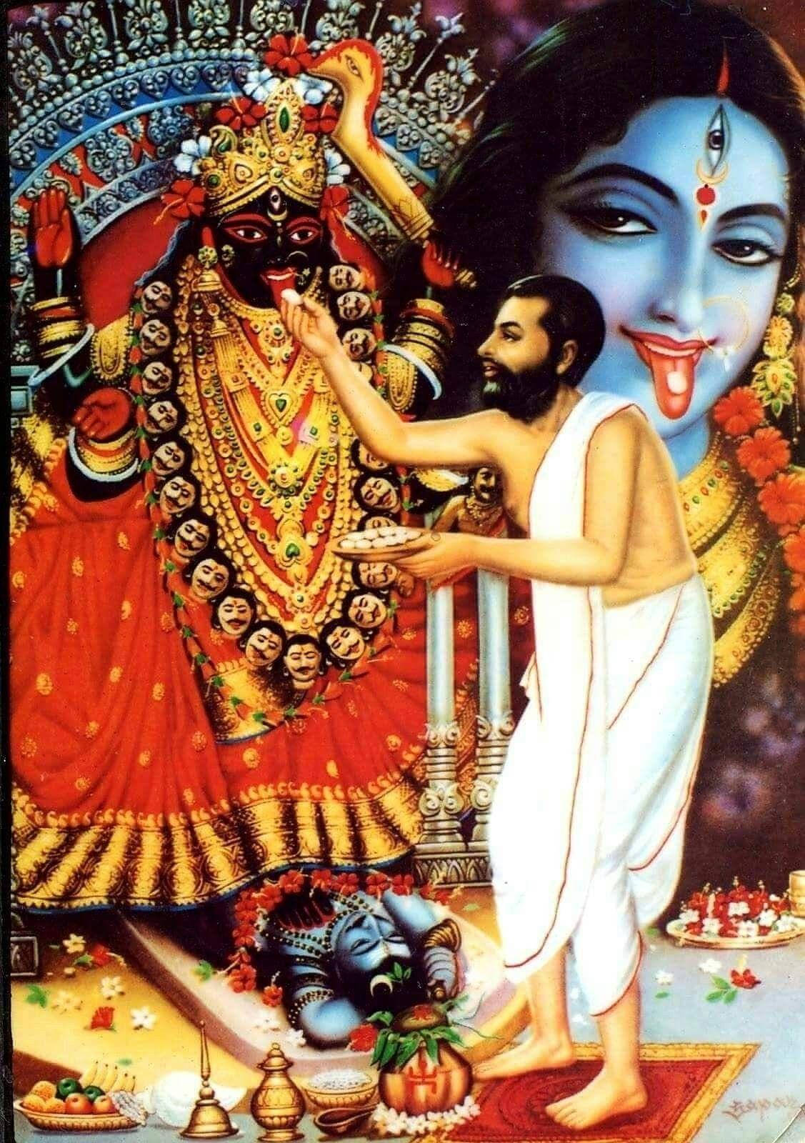 Pinturade Maa Kali Y Shiva Con Devoto Fondo de pantalla