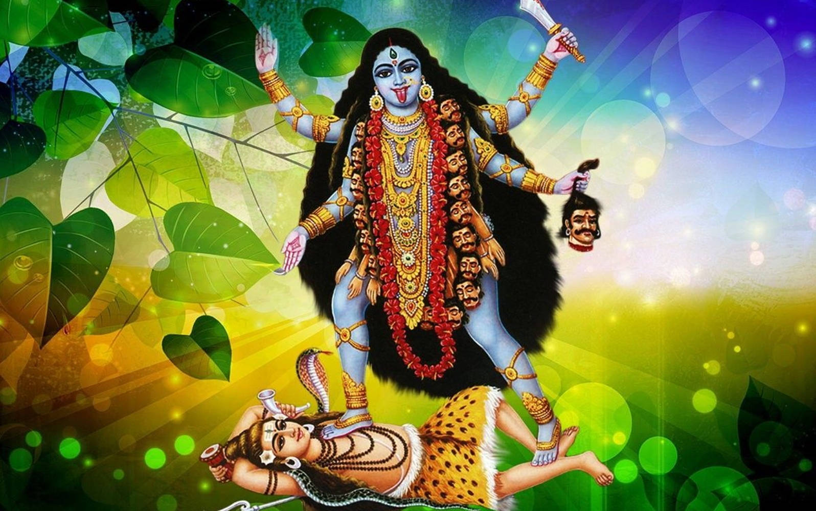 Maa Kali On Shiva Leaves Green Aesthetic Wallpaper