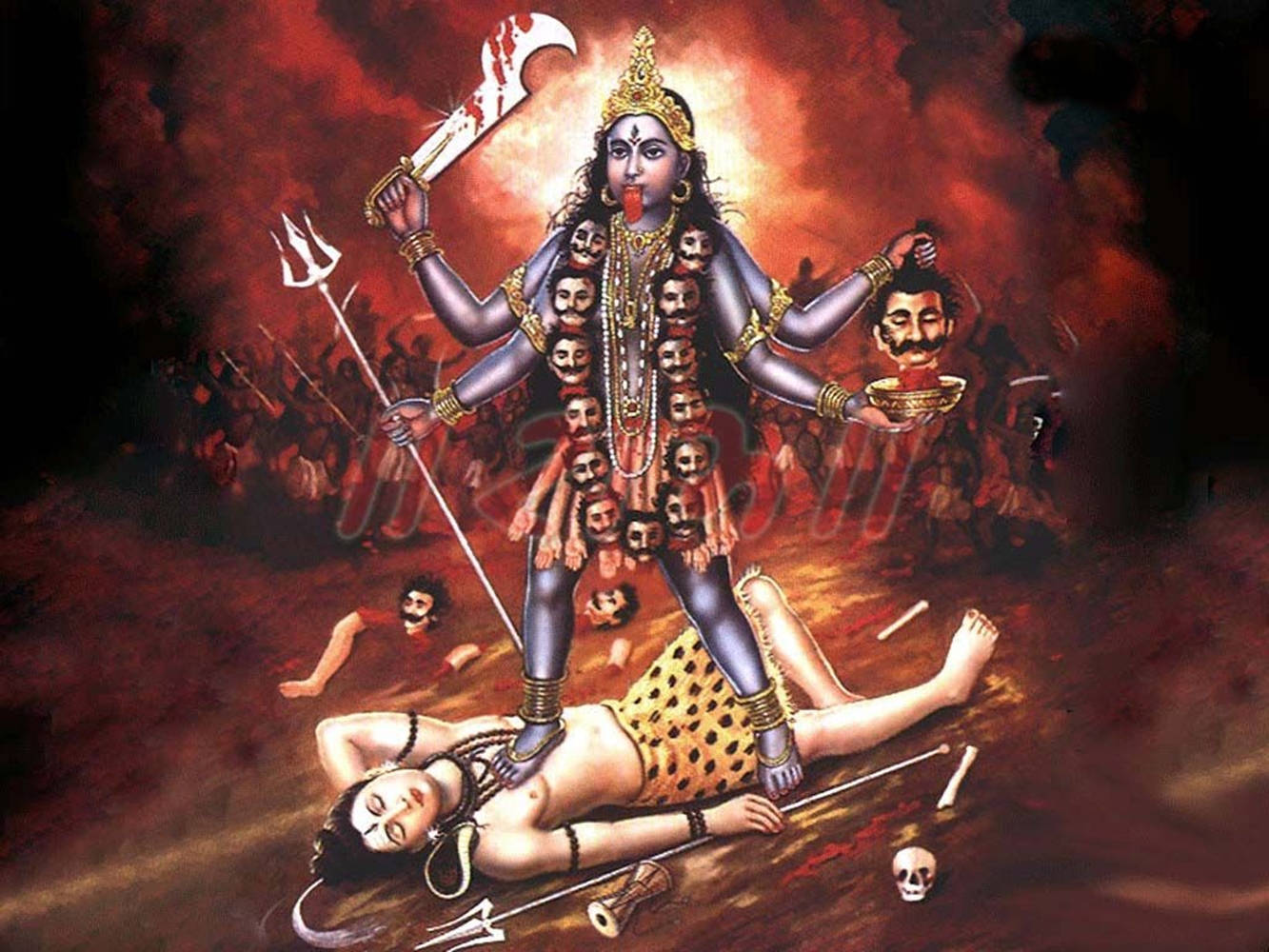 Maa Kali On Shiva Red Aesthetic With People Wallpaper
