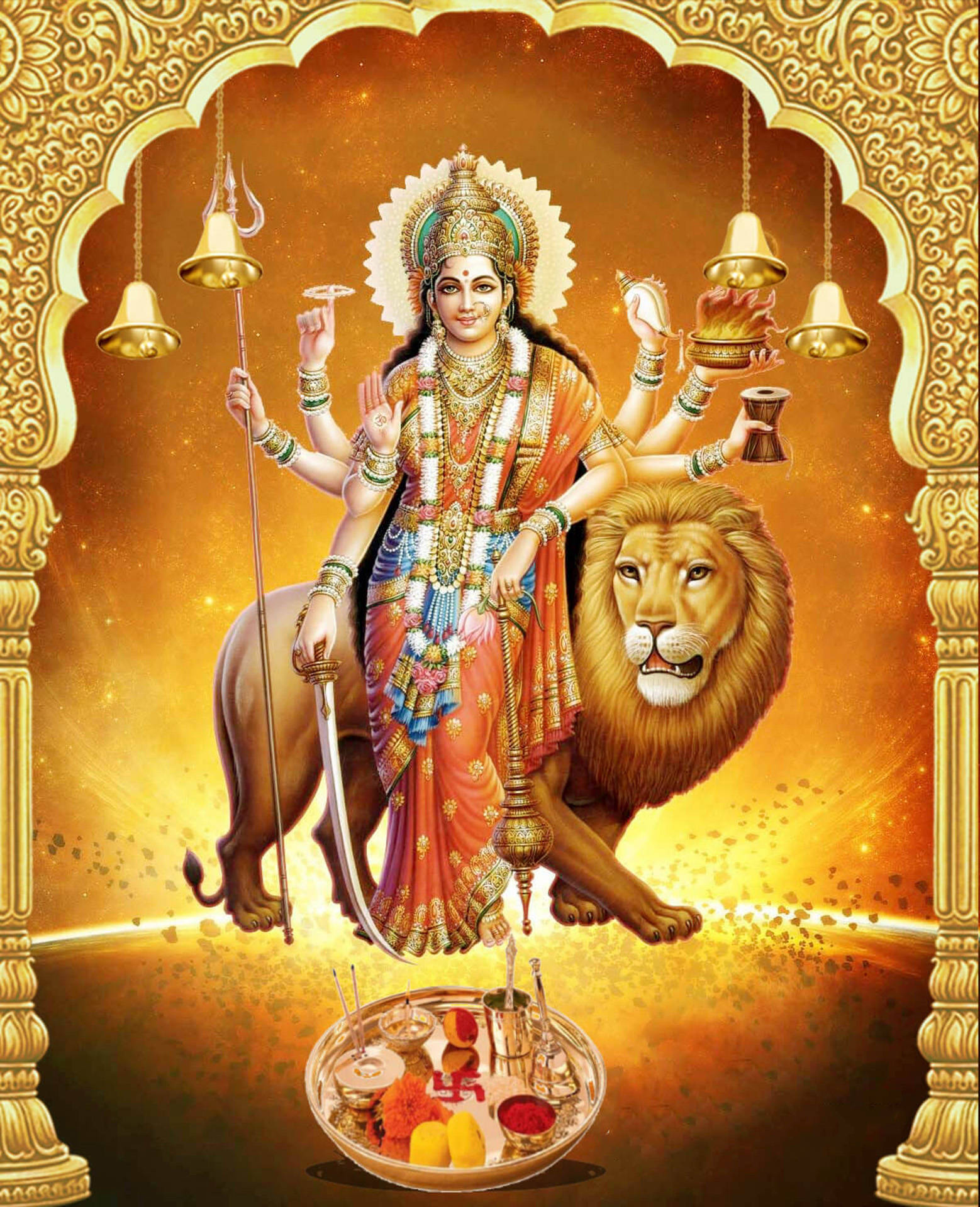 Download Maa Sherawali Goddess Golden Aesthetic Illustration Wallpaper |  