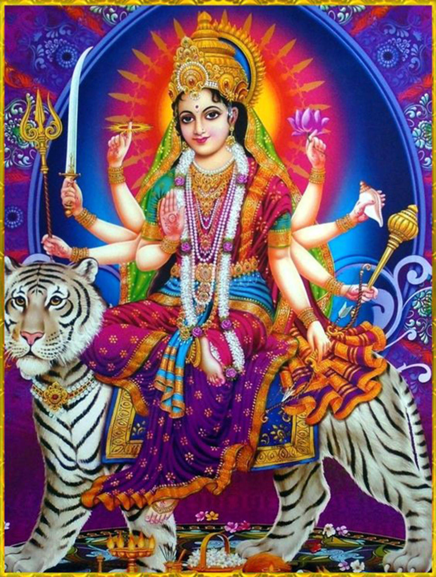 Maa Sherawali Gudinde paa Hvid Tigger Kunst Tapet Wallpaper