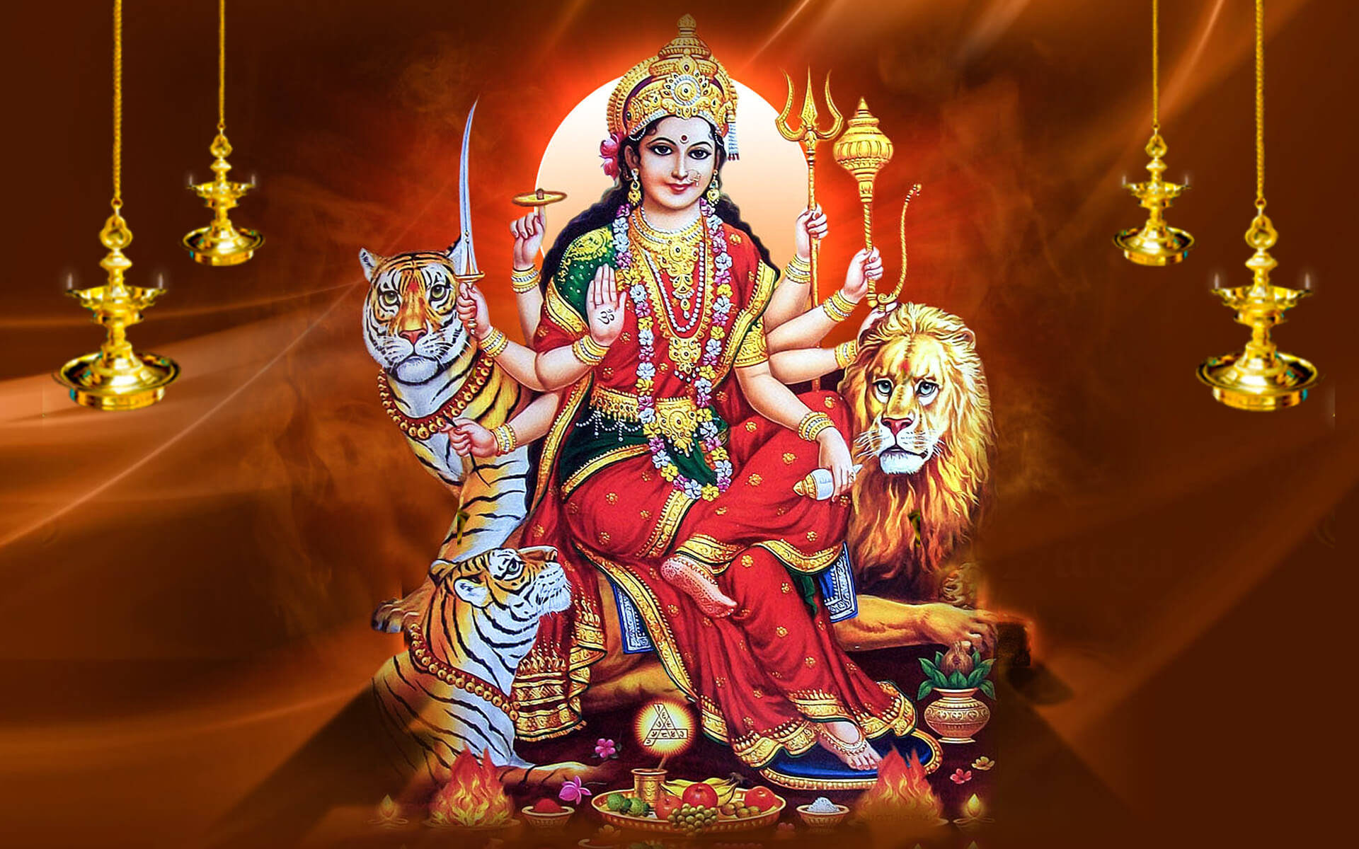 Maa Sherawali With Tiger And Lion