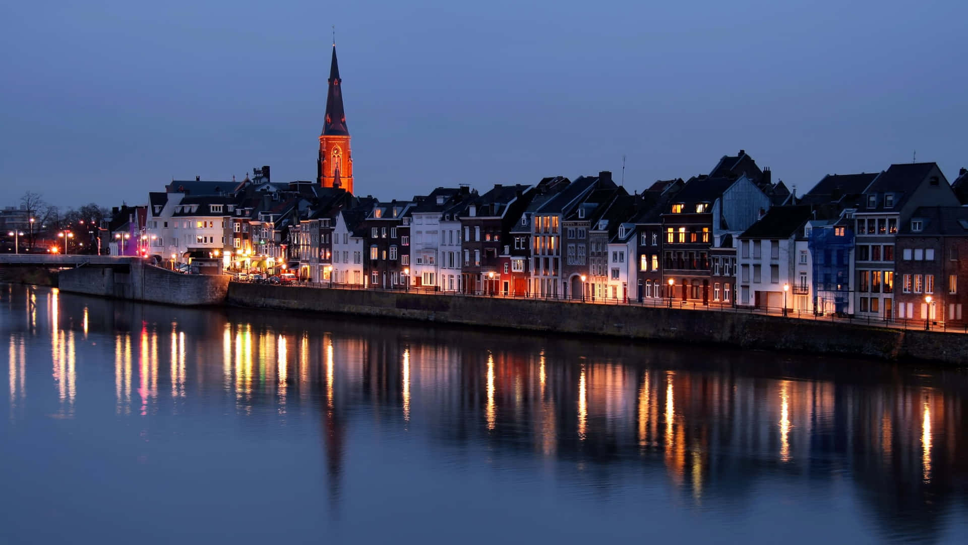 Maastricht Riverfront Evening Lights Wallpaper