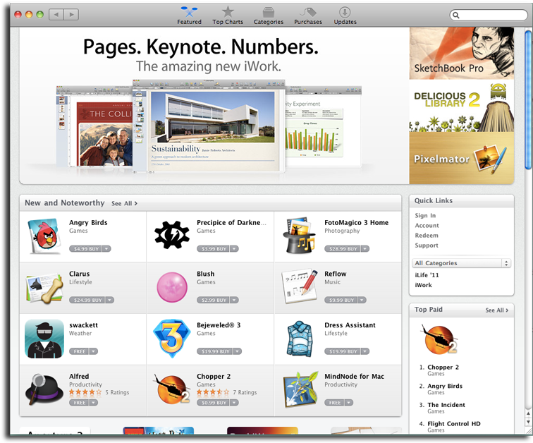 Mac App Store Interface PNG — Mac App Store interface showcasing iWork apps and popular paid apps like Angry Birds and Bejeweled 3 with app icons and pricing.