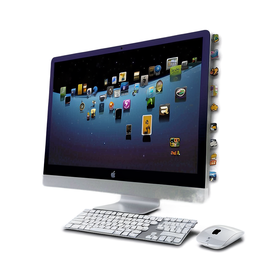 iMac argenté avec des icônes d'applications flottantes et un clavier et une souris assortis.