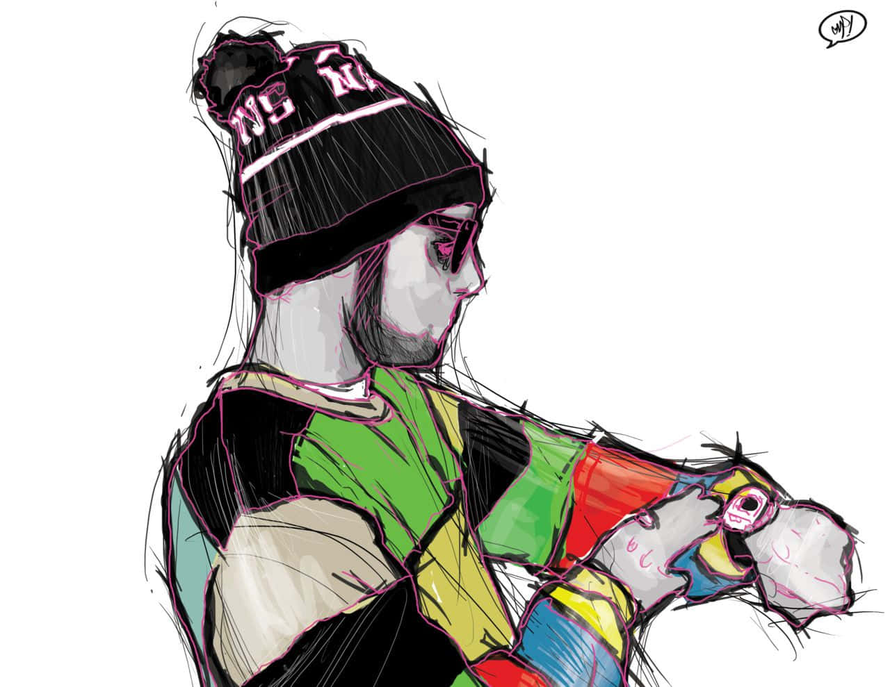 A Drawing Of A Man Wearing A Hat And A Sweater