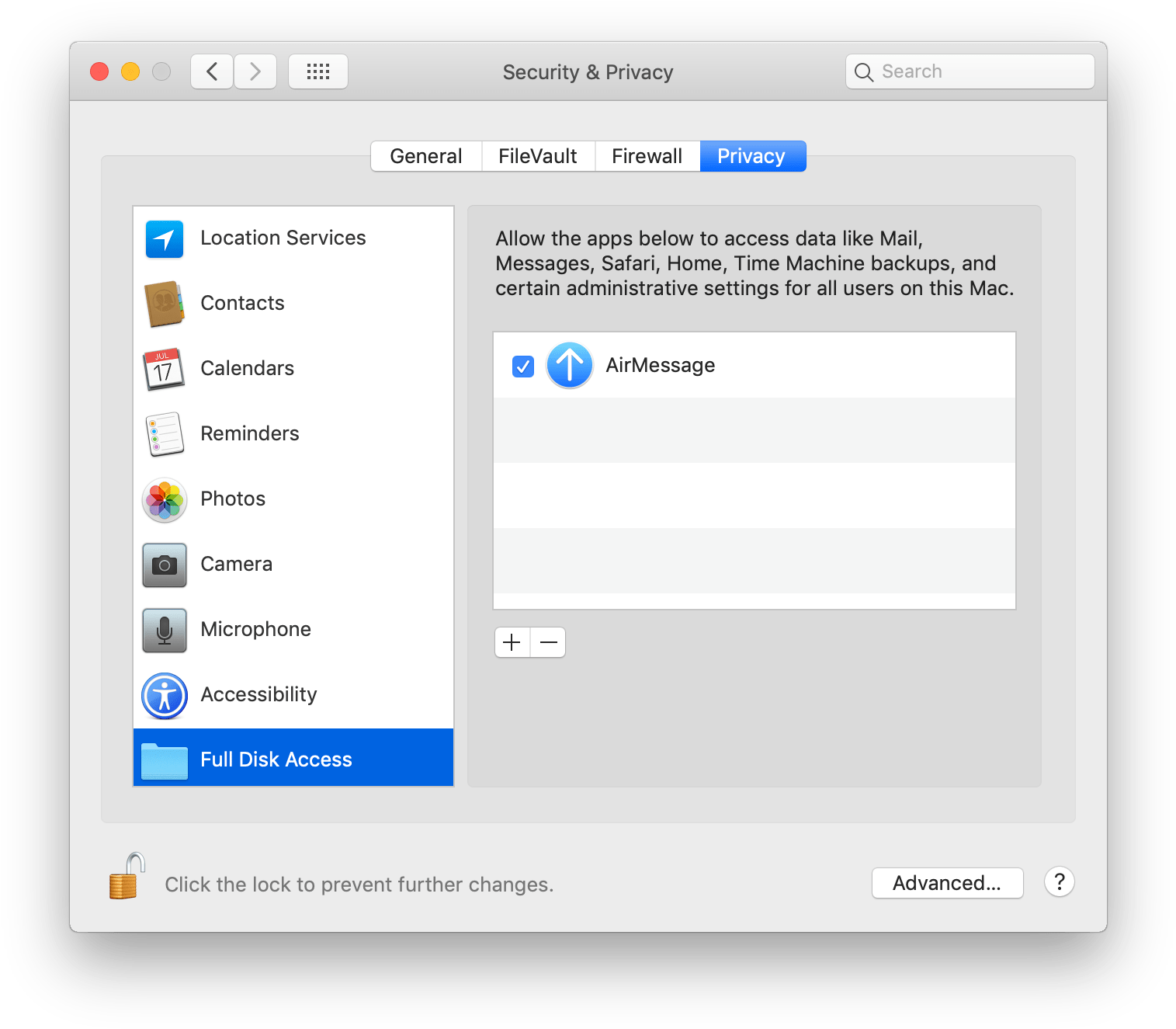 Mac Security Privacy Settings Air Message PNG — MacOS Security Privacy settings window showing AirMessage granted full disk access.