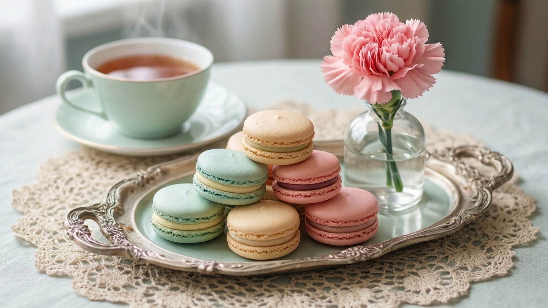 A sweet coquette aesthetic wallpaper of macarons and tea