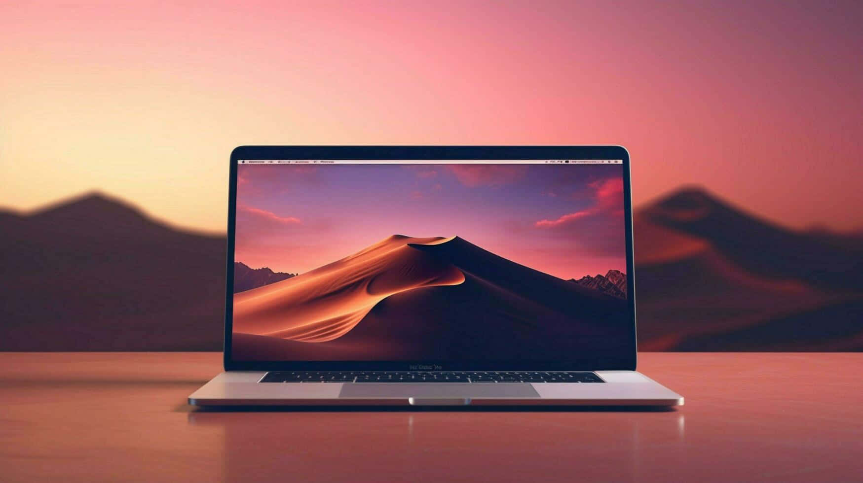 Macbook Air M2on Deskwith Sunset Backdrop Wallpaper