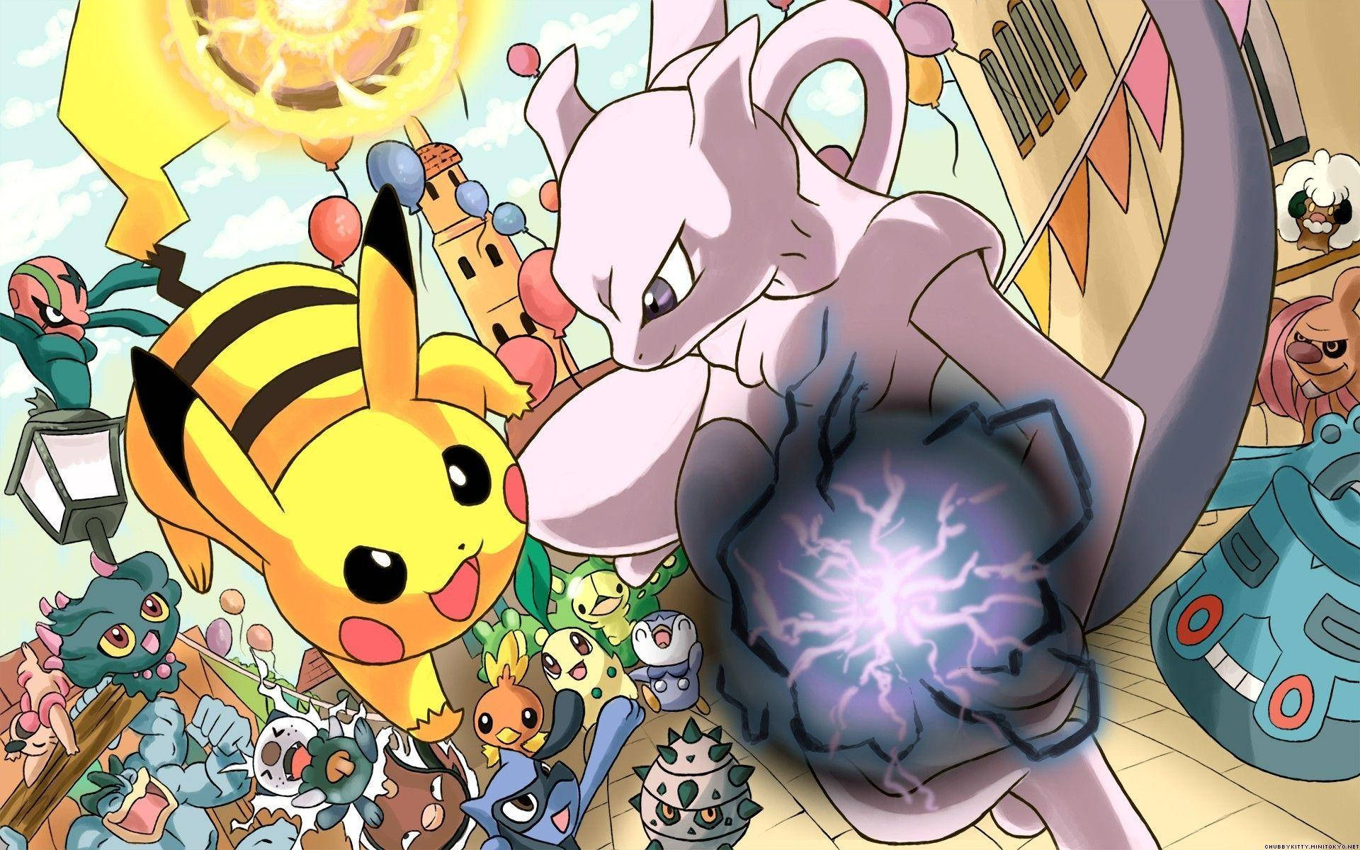 Machamp Pikachu vs Mewtwo iPhone Tapet Wallpaper