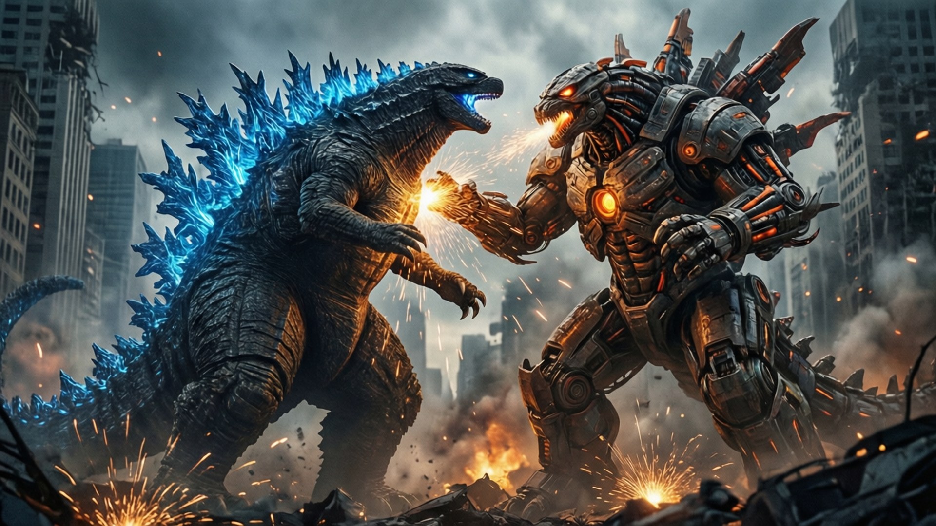 Godzilla bertarung melawan Mechagodzilla di tengah reruntuhan kota.