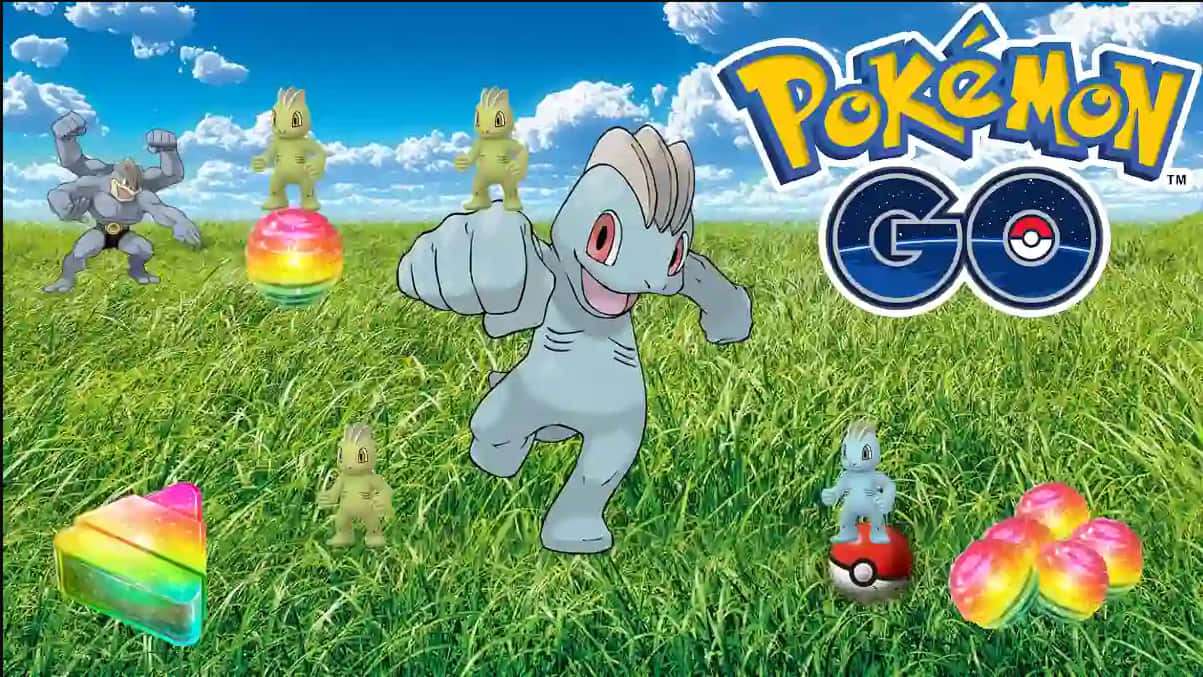 Machop And Machamp With Pokemon Go Logo Wallpaper